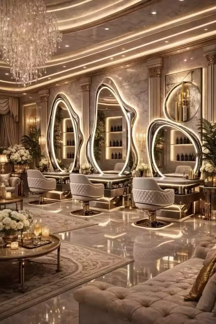 This may contain: a fancy living room with chandeliers and tables in it's centerpieces