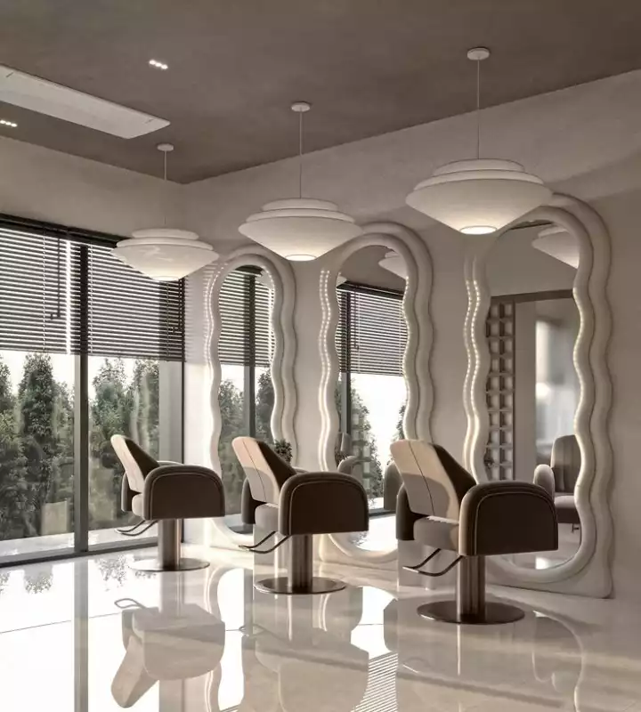 a room filled with lots of chairs next to tall windows and large mirrors on the wall
