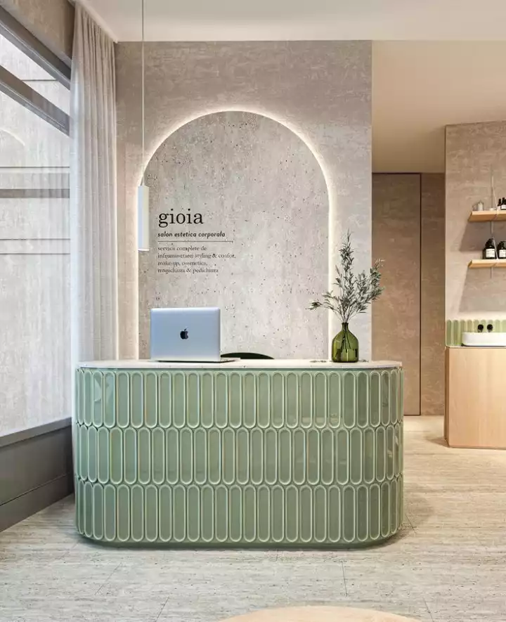 Trending salon Reception desk design idea